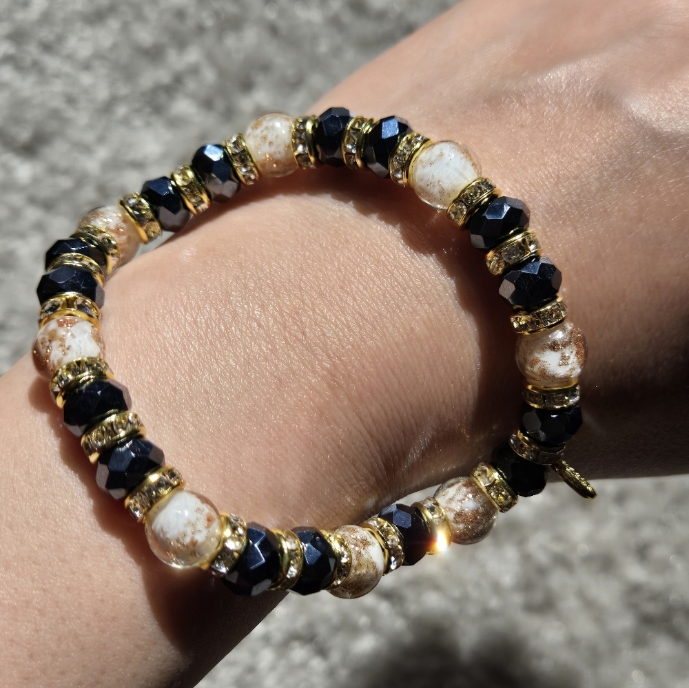 NEW Authentic Murano Glass Stretch Bracelet Black Champagne In Gold Tone